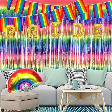 Rainbow Pride Decorations Set Gay Pride Party Supplies Include Banner Foil Balloon Tablecloth