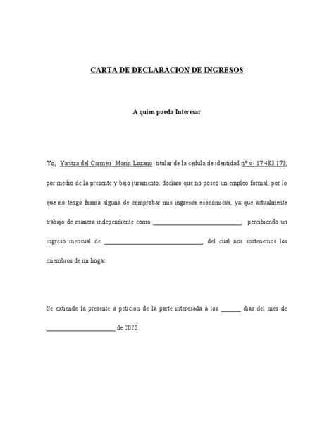 Carta De Declaracion De Ingresos Pdf