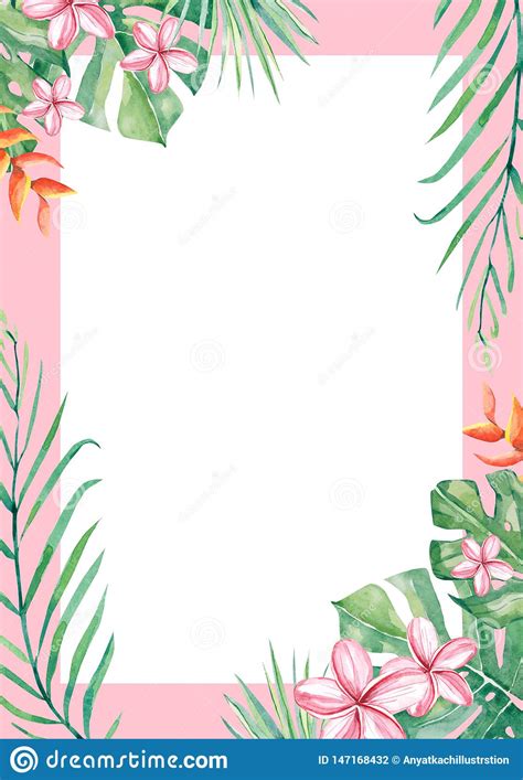 Watercolor Tropical Flower And Leaf Arrangement Border