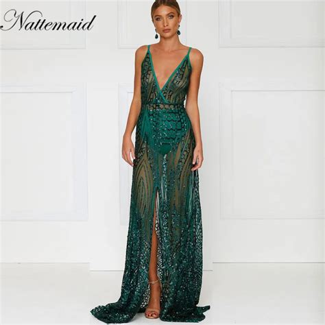 NATTEMAID Sequins Women Maxi Dress Sleeveless High Split Backless Long