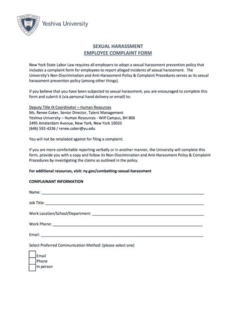 Yu Sexual Harassment Employee Complaint Form Fill And Sign Printable Template Online Us