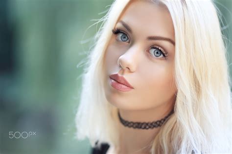 Women Blonde Face Women Outdoors Blue Eyes Choker Portrait Bokeh Eyeshadow Closeup