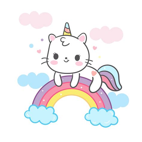 Kawaii Cat Cartoon In Unicorn Vector On Rainbow Cute Animal Pastel