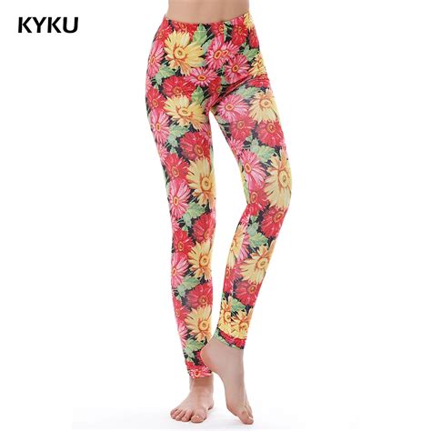 kyku brand 3d print red flower leggings women lycra sex floral compression legging high waist