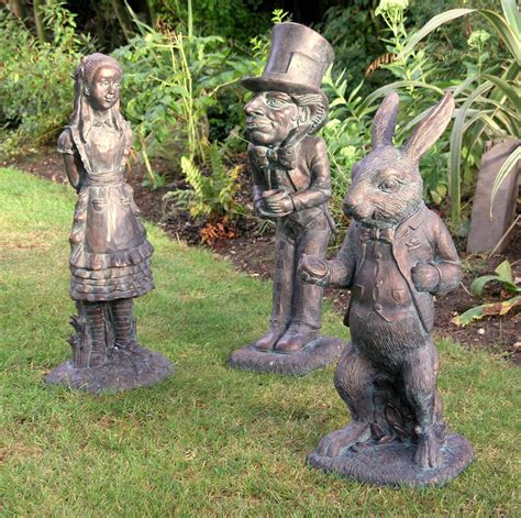 Alice In Wonderland Collection Of 3 Bronze Garden Ornaments Garden