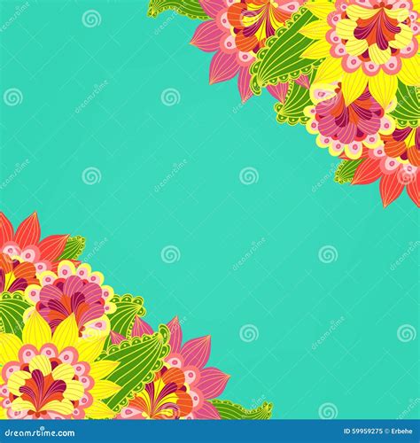 Floral Card Fancy Bright Colored Flowers On A Turquoise Backgro Stock