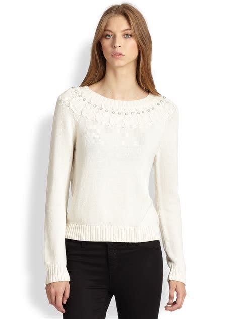 Milly Embellished Wool Cotton Sweater In White Lyst