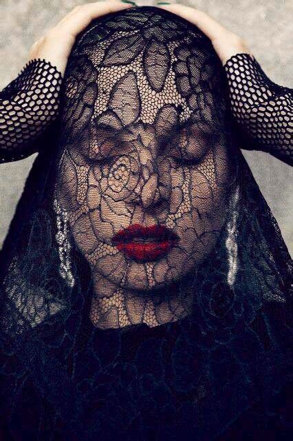 Woman With Black Lace Veil Over Face And Red Lipstick Face Lace Veil