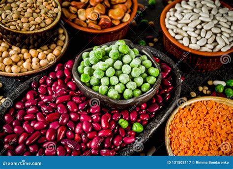 Various Assortment Of Legumes Beans Soy Beans Chickpeas Lentils