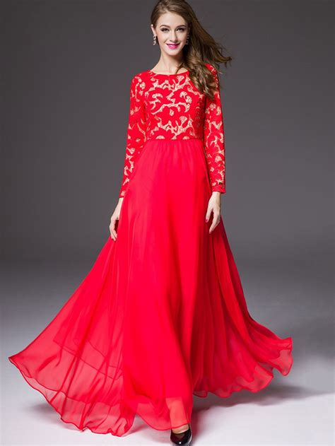 Shop Red Round Neck Long Sleeve Lace Dress Online Shein Offers Red