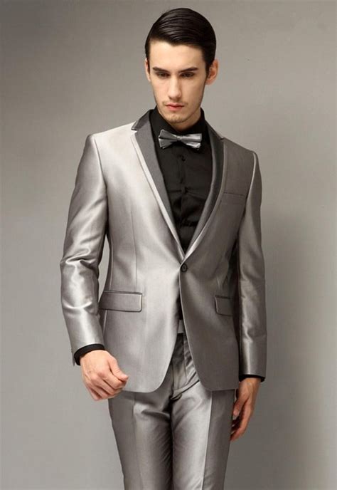 Handsome One Button Slim Fit Groom Tuxedos Notch Lapel Silver Gray