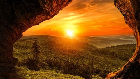 Download Sunbeam Forest Sunset Landscape Nature Cave 4k Ultra Hd Wallpaper