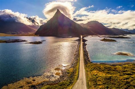 Aerial View Of A Scenic Coastal Road On Lofoten Islands In Norway Stock