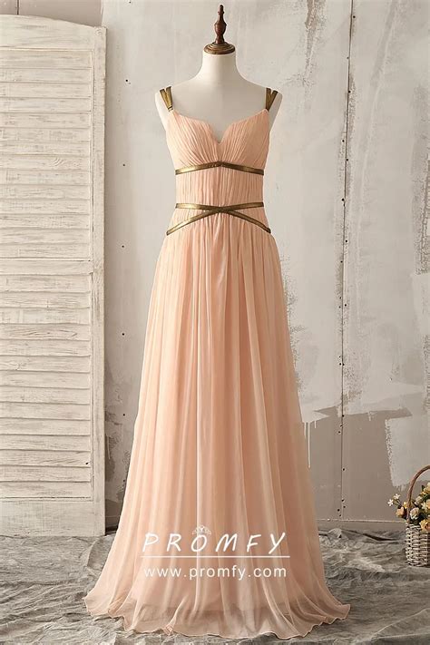 Peach Chiffon Gold Straps Pleated Bridesmaid Dress Promfy