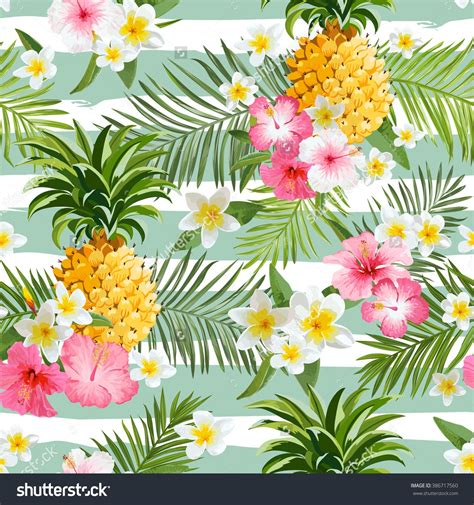 Pineapples And Tropical Flowers Geometry Background Vintage Seamless