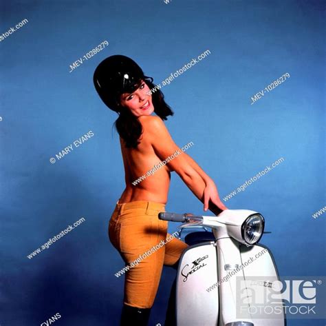 Female Model With Lambretta S Retro Fun Topless Posing Helmet Scooter Moped