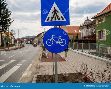 Pedestrian Crossing And Bicycle Path Street Sign Editorial Stock Photo