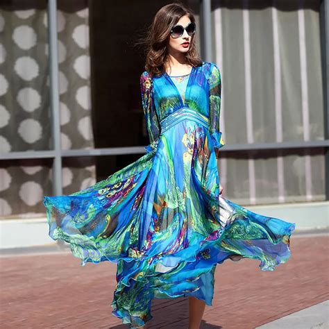 Idelly Summer Dresses Fashion Runway Ankle Length Dress Silk Printed Flower Colourful Bohemia
