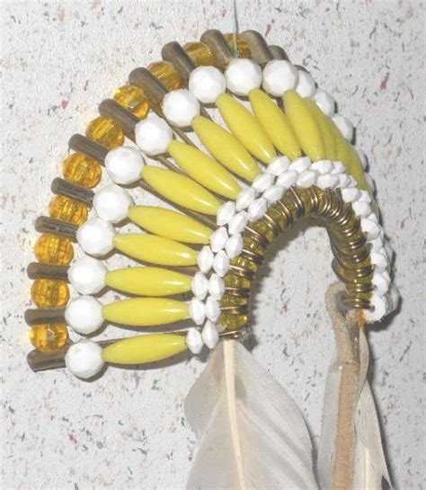 Yellow And White Beaded Indian Headdress With Feathers Etsy Bead