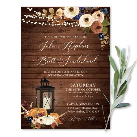 Rustic Fall Wedding Invitation With A Metal Lantern And Florals