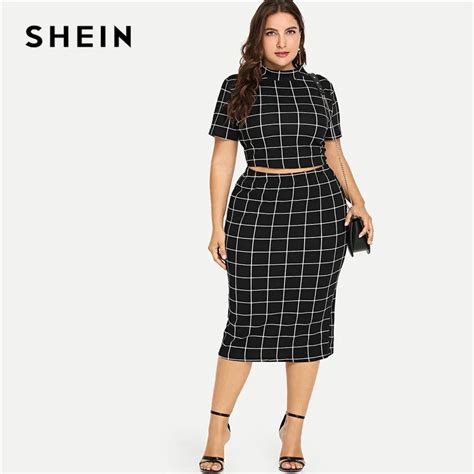 shein plus size black mock neck crop grid tee and skirt set women elegant stand collar tee