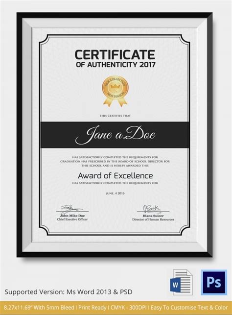 Certificate Of Authenticity Template 27 Free Word Pdf Psd Format