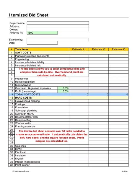 Itemized Bid Sheet Fill Out Printable PDF Forms Online