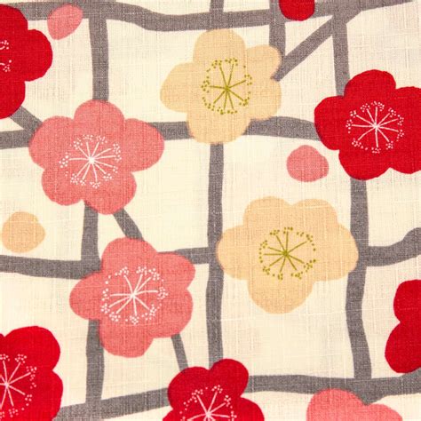 White Dobby Pink Cream Red Floral Fabric Large Blooms Japan Grey Grid