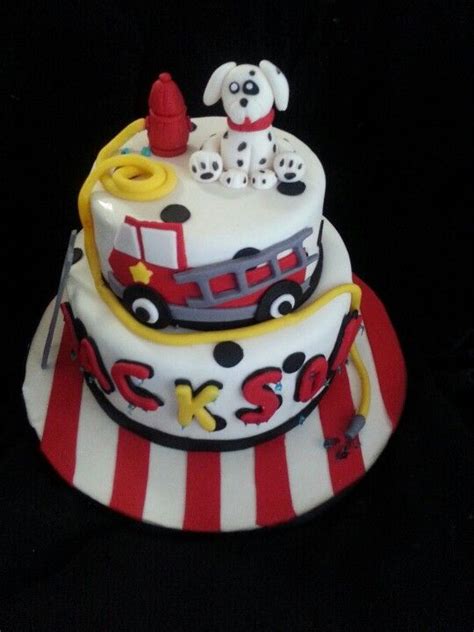 Fire Truck Theme Birthday Cake With A Dalmatian Dog And Fire Hydrant