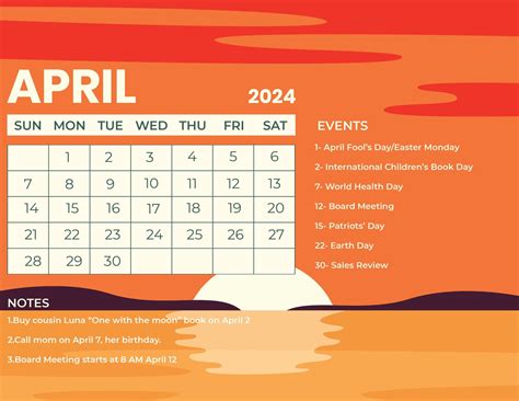 April 2024 Calendar With Holidays In Eps Illustrator  Word Svg