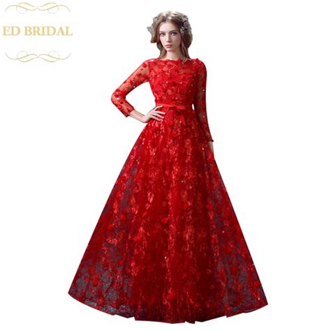 Robe De Soiree Luxury Red Long Evening Dress Lace Flower Long Sleeved