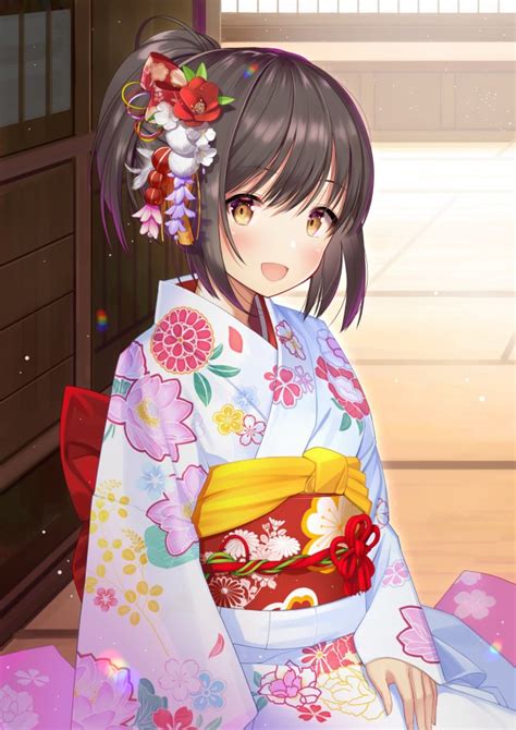 Download 800x1280 Anime Girl Kimono Brown Hair Smiling