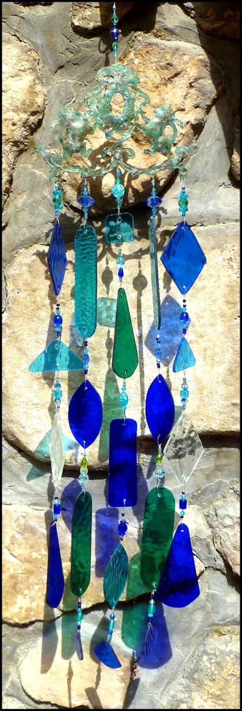 Items Similar To Stained Glass Wind Chime Sun Catcher Aqua Blue And Green Lion Glass Design