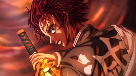 Demon Slayer Tanjiro Kamado Having Fire Sword With Blur Background Hd Anime Wallpapers Hd