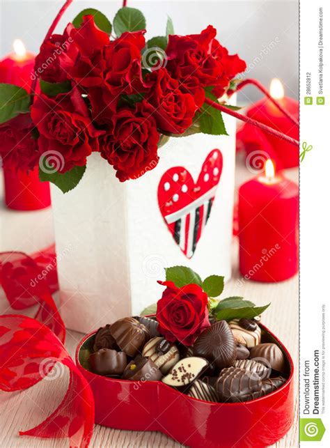 roses  chocolate candies  valentines day stock