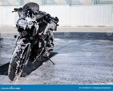 Washing Black Motorcycle Cleaning Motorcycle Closeup Cleaning Foam On