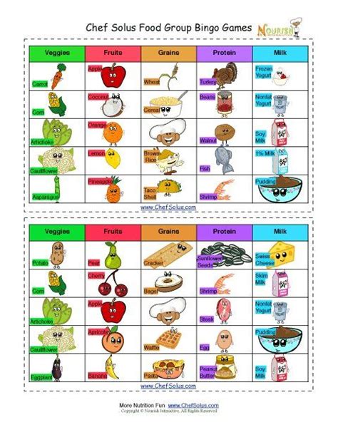 Bingo Food Groups Cards For Kids One Group Meals Nutrition Games