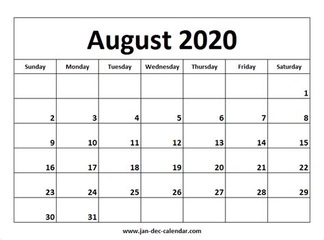 Check spelling or type a new query. Blank Printable August Calendar 2020 Template Free ...