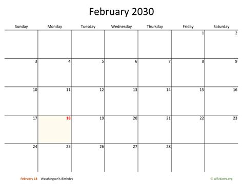 February 2030 Calendar With Bigger Boxes