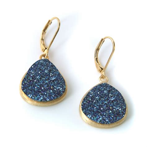 Blue Druzy Peardrop Earrings Holly Gemstone Gold Semi Precious Drusy