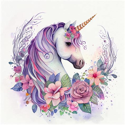 Cute Watercolor Painting Unicorn With Flowers Illustration Generative