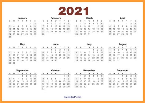 2021 Calendar Printable Free Hd Orange Calendarp Printables