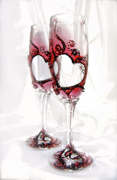 wedding champagne glasses with red and black by purebeautyart