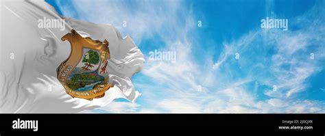 Flag Of Coahuila Mexico At Cloudy Sky Background On Sunset Panoramic