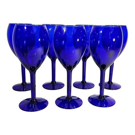 Set Of 7 Cobalt Blue Glass Stem Wine Goblets 8 Cobalt Blue Wine Glasses Blue Stemware Blue