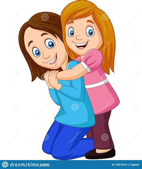 Girl Hugging Girlfriend Two Happy Sisters Vector Illustration 74287790