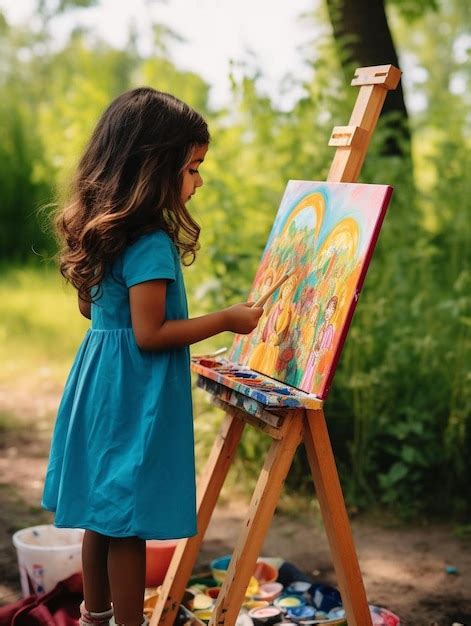 Premium Ai Image A Girl In A Blue Dress Is Painting A Picture Of A Child