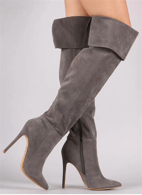 Buy Grey Suede Pointed Toe Over The Knee Boots Woman