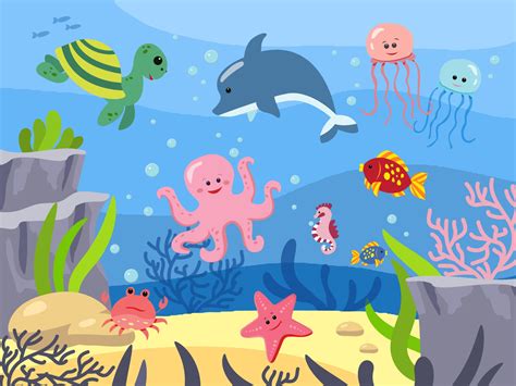 Seabed With Mammals Underwater World Animals Of The Sea Background