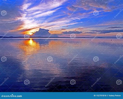 Colorful Blue And Orange Sunset Sky Over The Lake Blue Hour Stock